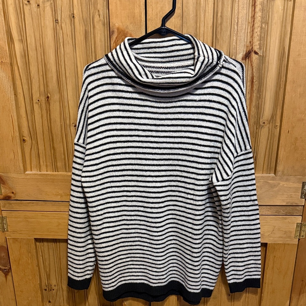 Black and White Striped Turtleneck Sweater